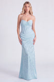 Mermaid Corset Jacquard Light Blue Bridesmaid Dress with Bow