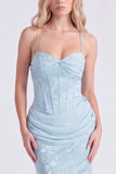 Mermaid Corset Jacquard Light Blue Bridesmaid Dress with Bow