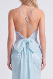 Mermaid Corset Jacquard Light Blue Bridesmaid Dress with Bow