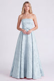 Strapless A Line Jacquard Pink Bridesmaid Dress with Bows