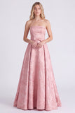 Strapless A Line Jacquard Pink Bridesmaid Dress with Bows