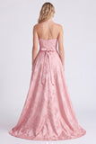 Strapless A Line Jacquard Pink Bridesmaid Dress with Bows