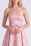 Strapless A Line Jacquard Pink Bridesmaid Dress with Bows
