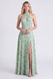 Halter Floral A Line Sage Bridesmaid Dress with Slit