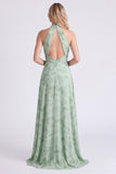 Halter Floral A Line Sage Bridesmaid Dress with Slit