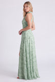 Halter Floral A Line Sage Bridesmaid Dress with Slit