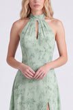 Halter Floral A Line Sage Bridesmaid Dress with Slit