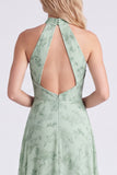 Halter Floral A Line Sage Bridesmaid Dress with Slit