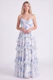 Floral A Line Pink Tiered Ruffle Long Bridesmaid Dress
