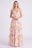 Floral A Line Pink Tiered Ruffle Long Bridesmaid Dress