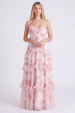 Floral A Line Pink Tiered Ruffle Long Bridesmaid Dress