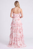 Floral A Line Pink Tiered Ruffle Long Bridesmaid Dress