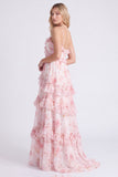 Floral A Line Pink Tiered Ruffle Long Bridesmaid Dress