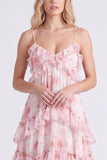 Floral A Line Pink Tiered Ruffle Long Bridesmaid Dress