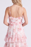 Floral A Line Pink Tiered Ruffle Long Bridesmaid Dress