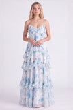 Floral A Line Pink Tiered Ruffle Long Bridesmaid Dress