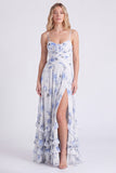 Floral Light Orange Ruched Ruffled A Line Bridesmaid Dress with Slit