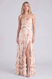 Floral Light Orange Ruched Ruffled A Line Bridesmaid Dress with Slit