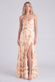 Floral Light Orange Ruched Ruffled A Line Bridesmaid Dress with Slit