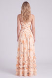 Floral Light Orange Ruched Ruffled A Line Bridesmaid Dress with Slit