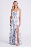 Light Blue A Line Floral Long Bridesmaid Dress with 3D Flowers