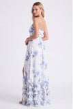 Light Blue A Line Floral Long Bridesmaid Dress with 3D Flowers
