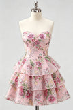Pink Floral Sweetheart Sequin Tiered Ruffle A Line Homecoming Dress
