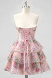 Pink Floral Sweetheart Sequin Tiered Ruffle A Line Homecoming Dress