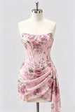 Strapless Pink Bodycon Corset Floral Sequin Homecoming Dress with Sash