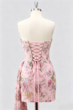Strapless Pink Bodycon Corset Floral Sequin Homecoming Dress with Sash