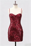 Burgundy Corset Bodycon Sequin Short Homecoming Dress