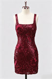 Burgundy Square Neck Bodycon Sequin Homecoming Dress