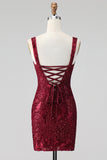 Burgundy Square Neck Bodycon Sequin Homecoming Dress