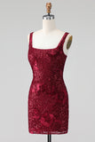 Burgundy Square Neck Bodycon Sequin Homecoming Dress