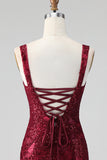 Burgundy Square Neck Bodycon Sequin Homecoming Dress