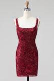 Burgundy Square Neck Bodycon Sequin Homecoming Dress
