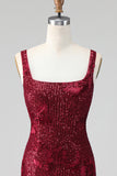 Burgundy Square Neck Bodycon Sequin Homecoming Dress