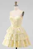 Daffodil A Line Floral Corset Tiered Ruffle Short Homecoming Dress