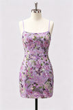 Lilac Bodycon Floral Sequin Appliqued Short Homecoming Dress