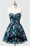 Strapless A Line Sequin Short Black Homecoming Dress