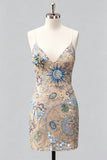 Navy Bodycon Sequin Embroidered Short Homecoming Dress