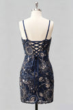 Navy Bodycon Sequin Embroidered Short Homecoming Dress