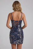 Navy Bodycon Sequin Embroidered Short Homecoming Dress