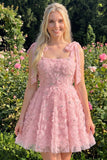 Dusty Rose 3D Floral Appliqued A Line Short Homecoming Dress with Beadings