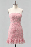 Light Blue Strapless Bodycon Beaded Short Homecoming Dress with 3D Flowers