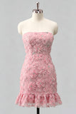 Light Blue Strapless Bodycon Beaded Short Homecoming Dress with 3D Flowers