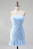 Light Blue Strapless Bodycon Beaded Short Homecoming Dress with 3D Flowers