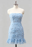 Light Blue Strapless Bodycon Beaded Short Homecoming Dress with 3D Flowers