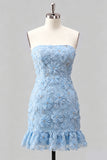 Light Blue Strapless Bodycon Beaded Short Homecoming Dress with 3D Flowers