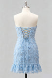 Light Blue Strapless Bodycon Beaded Short Homecoming Dress with 3D Flowers